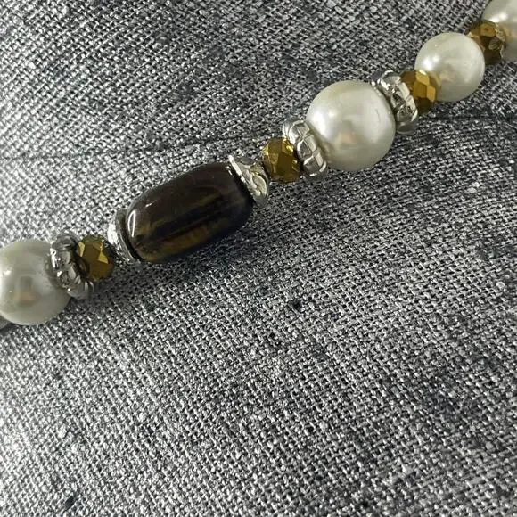 necklace Faux pearl and tiger's eye beaded costume jewelry natural neutral - Picture 2 of 11
